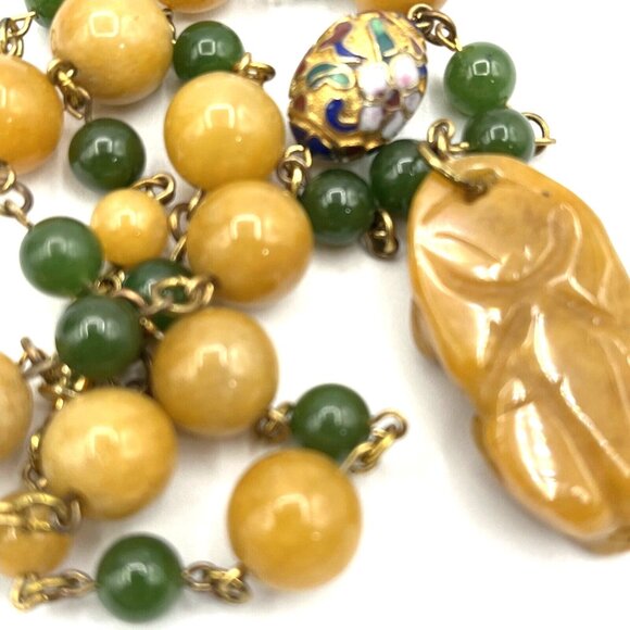 Yellow Jade & Green Nephrite Jade Cloisonne Beaded Carved Foo Dog Necklace 18" - Picture 10 of 12